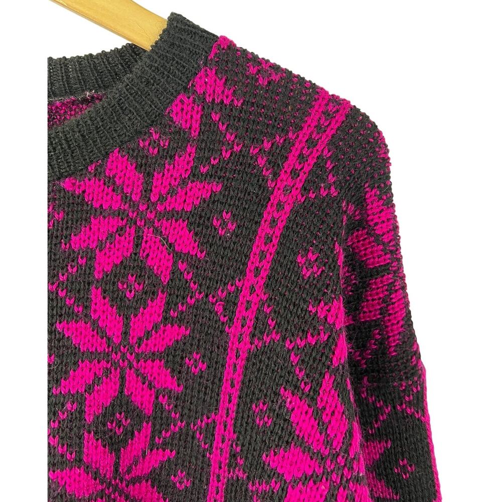 Nordstrikk Norway Sweater Women Large Virgin Wool Black Fuchsia Floral Pullover - Picture 5 of 14